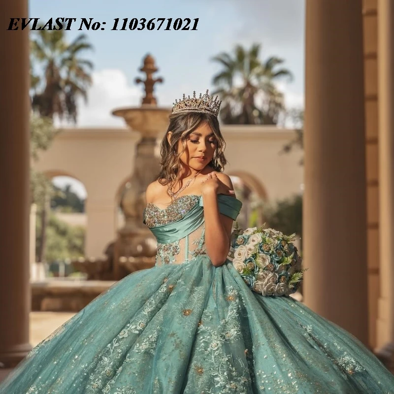 EVLAST Mexican Aqua Quinceanera Dress Ball Gown Shiny Lace Applique perline corsetto di cristallo dolce 16 Vestidos De XV Anos SQ338