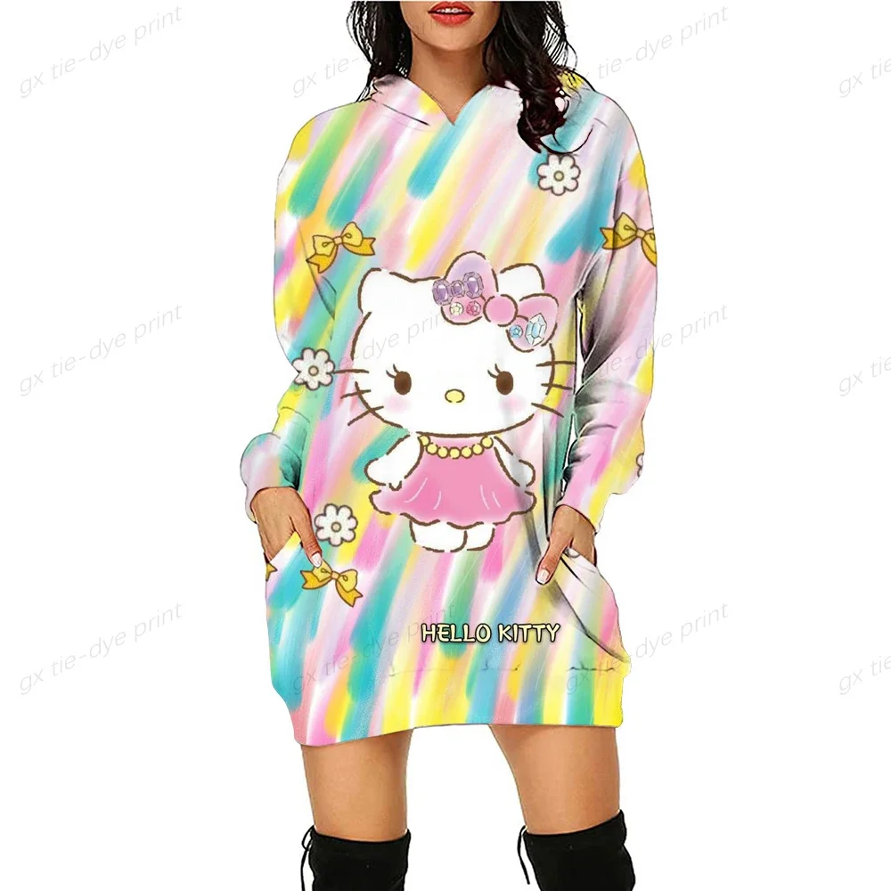 HELLO KITTY  Blocking Printed Sweatshirt Women Fashion Casual Long Sleeve O Neck Pullover Hoodies Autumn Slim Fit Hoodies Dress