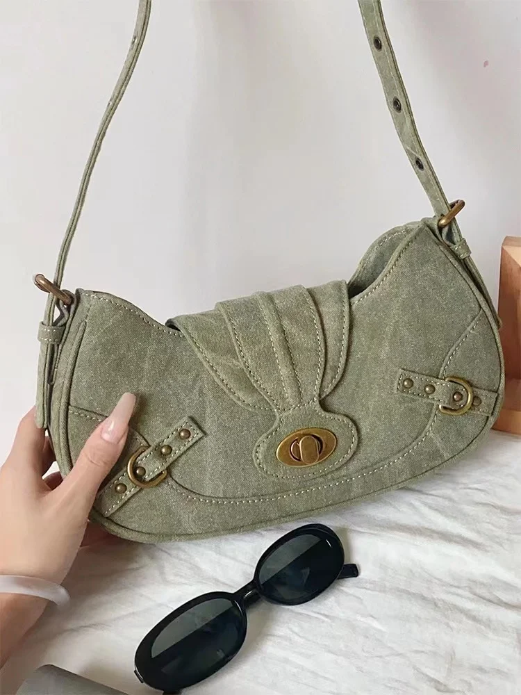 JIAERDI Vintage Rivet Underarm Bag Women Y2k Grunge Hot Girls Zipper Canvas Casual Handbag Ladies Retro Green Shoulder Bag Chic