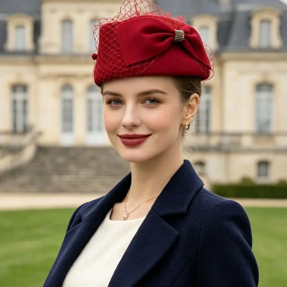 Fashion French Style Bow Fedora Hat Elegant Teardrop Pillbox Hat Air Hostess Versatile Medicine Box Hat Live Show