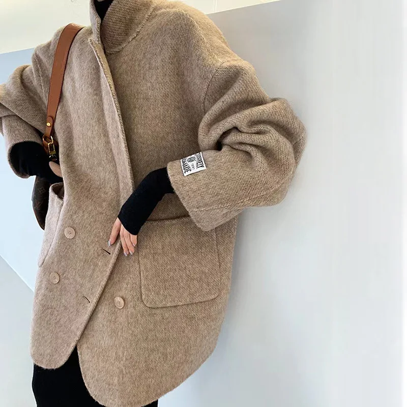 Double Breasted Wool Coat Women Classic Turn-down Collar Cashmere Camel Jacket Loose Woolen Button Overcoat 2023 Blazer