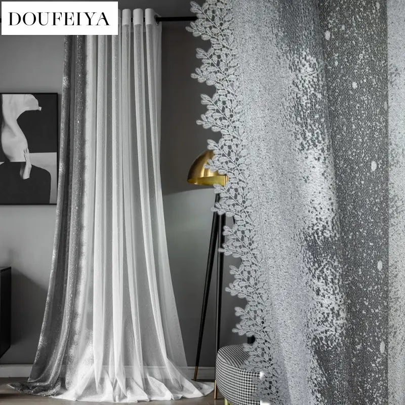 

Curtains for Living Room Bedroom Dining Modern Gray Tulle Sheer Voile Luxury Semi Balcony Partition Window Drape Custom Size