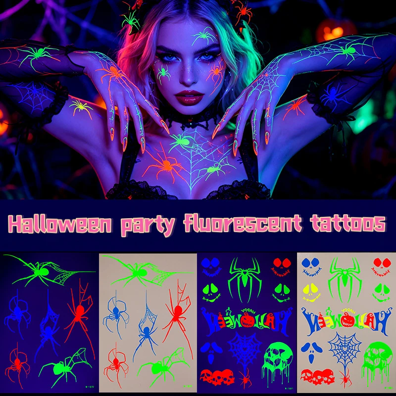 New Fluorescent Temporary Tattoo Stickers Neon Glow Under Blacklight Halloween Skeleton Spider Skull Body Face Tattoos