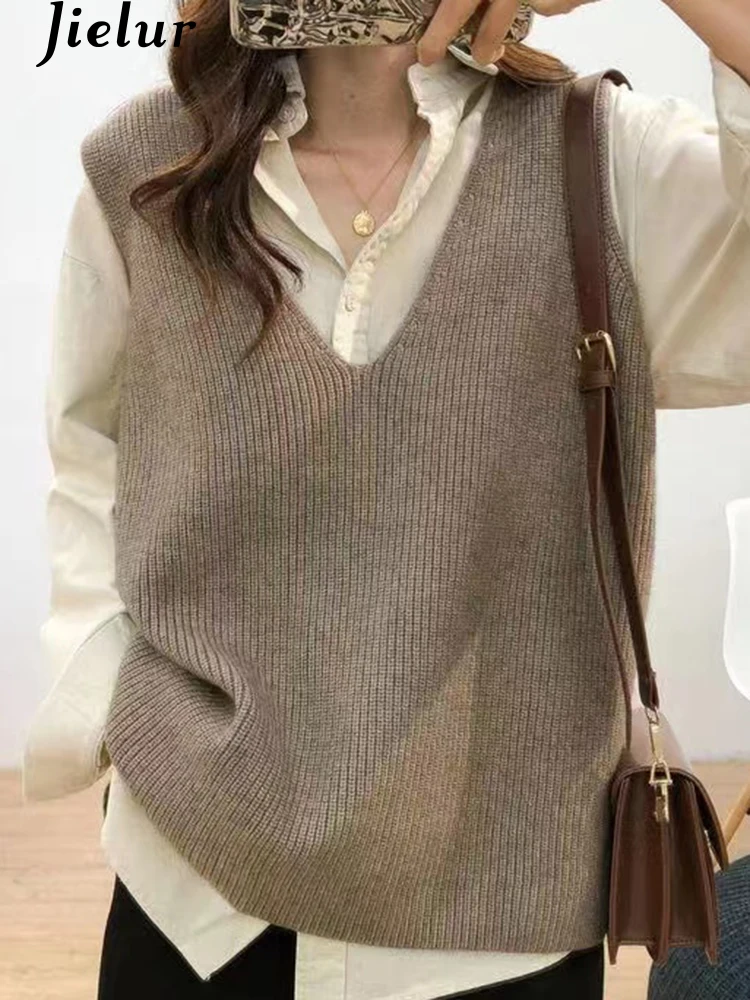 Jielur New Korean Style Sleeveless Knitting V-neck Female Sweater Vest Loose Casual Office Ladies Autumn Women\'s Sweater Vest