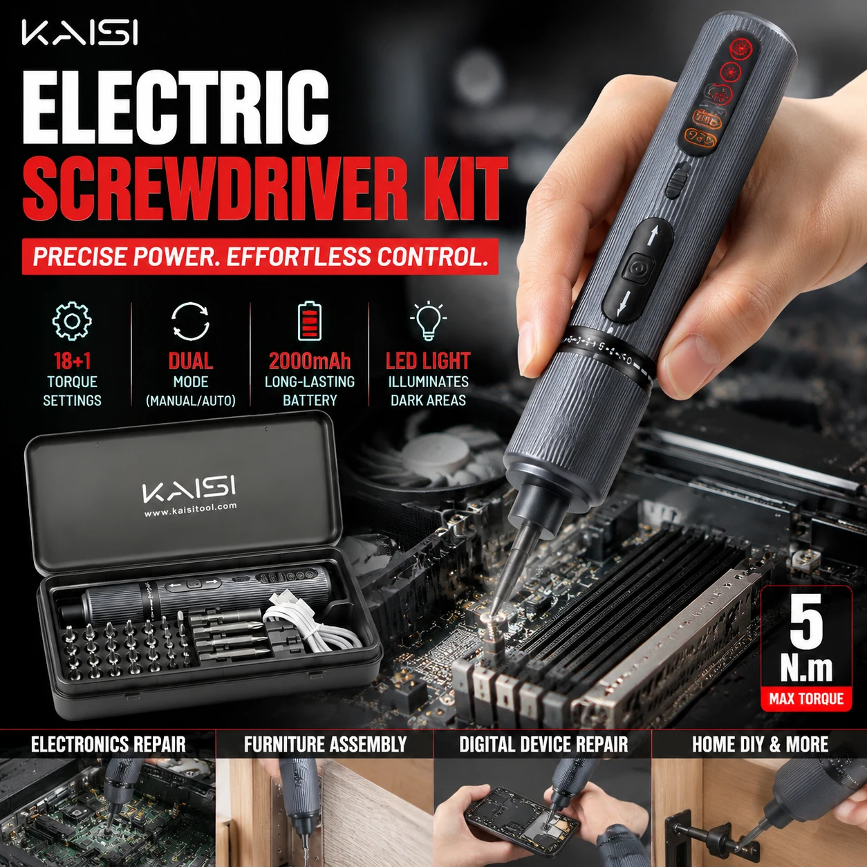 

KAISI D359 Electric Screwdriver 18 Gears Torque 5Nm 2000mAh TypeC LED Light Magnetic Chuck For Phone Repair And DIY