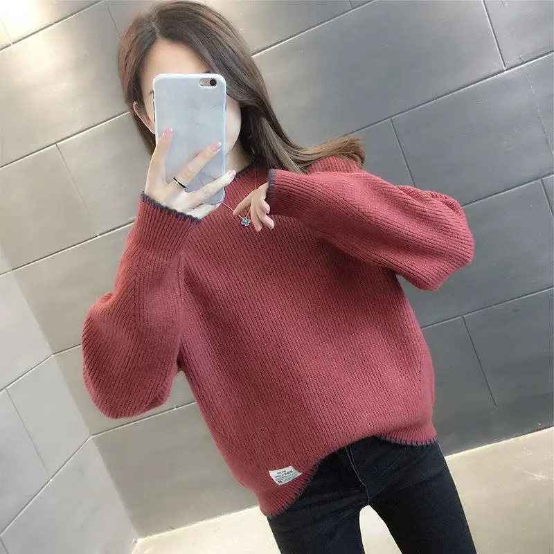 Autumn and Winter Women's Contrast Color Half High Collar Long Sleeve Knitted Sweaters Jumpers All-match Fashion Casual Tops