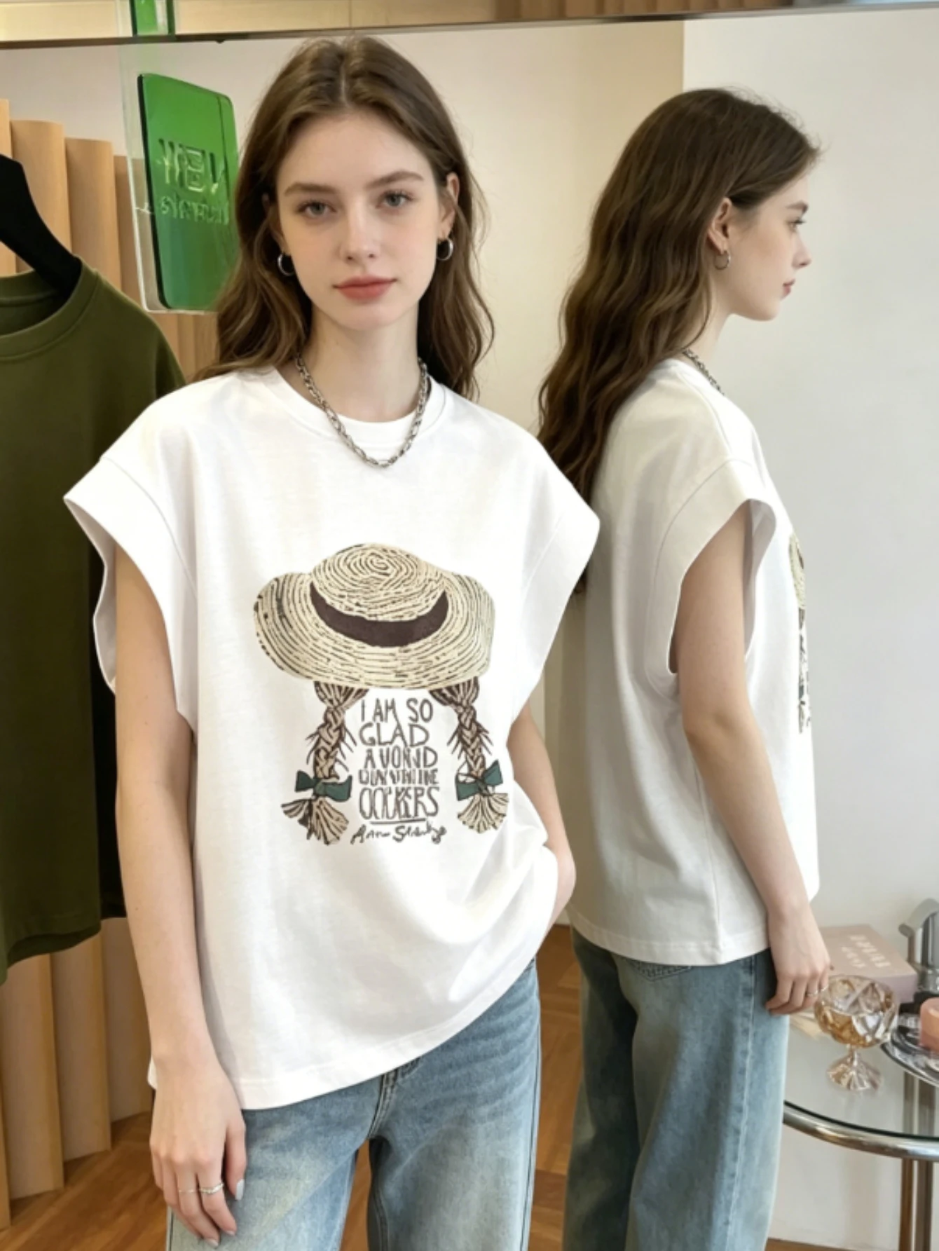 Women White Sleeveless T Shirt Straw Hat Braid Girl Letter Print Crew Neck Casual Cropped Tank Tops