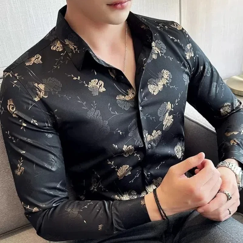 Spring Autumn Fashion POLO Collar Long Sleeve Shirts Men\'s Clothing Printing Floral Hip Hop Slim Cardigan Button Youth Blouses