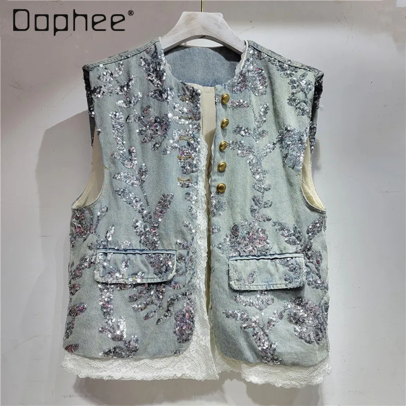 

Fashion Lace Sequin Embroidered Denim Vest Women Patchwork Sleeveless Denim Jacket Loose Vintage Jeans Spring Summer 2024 New