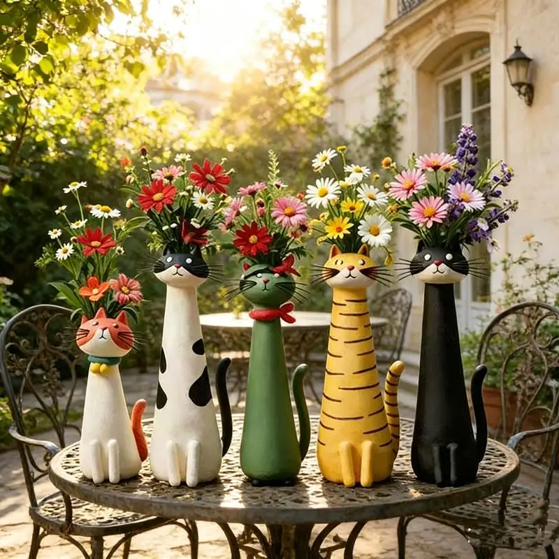 ~Hot Sale Cat-Shaped Resin Vase, Cute Long-Necked Cat Flower Arrangement Ornament Home Desktop Floral Decoration Great Gift
