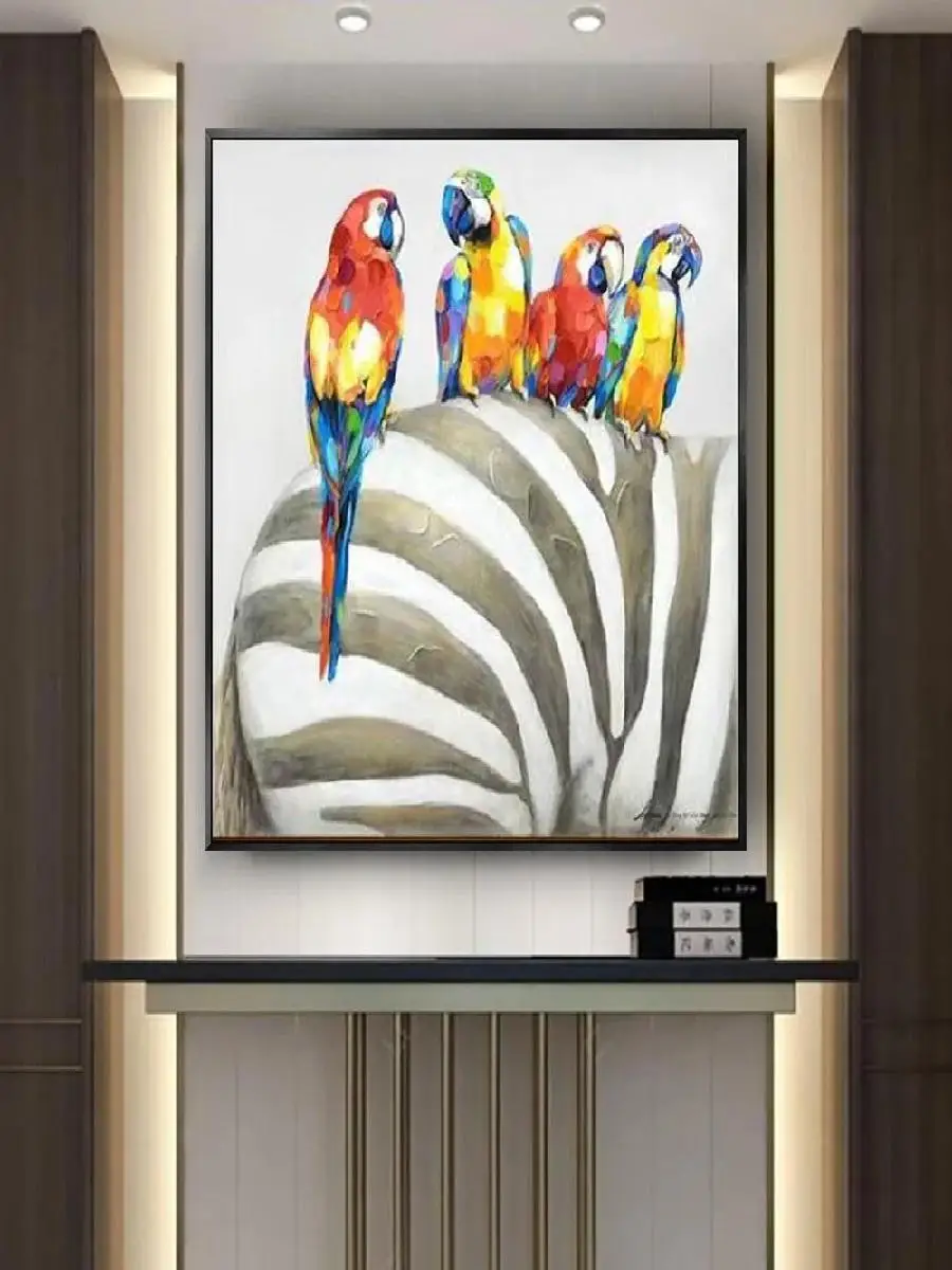 Hand Painted Canvas Oil Paintings  Animal Wall Art for Kids Room  Parrot on Zebra  Home Decor Mural  Poster Prints Decor