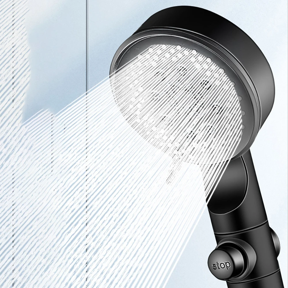 5 Adjustable Modes High Pressure Handheld Shower Head Stop Button Water Saving Sprayer Black Silver Home Daily Family Bath Room