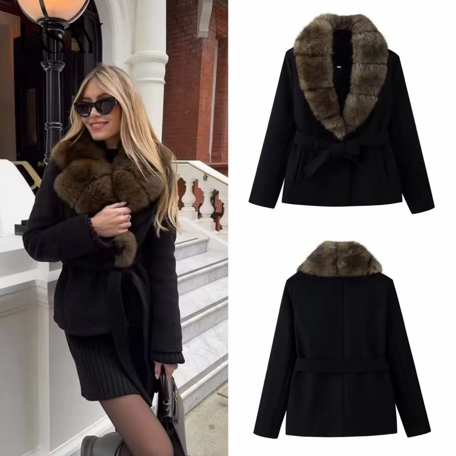 

BSAY Fur Collar Woolen Coat for Women Fashion Autumn Winter New Solid Color Long Sleeved Single Button Lapel Coats Jacket Mujer