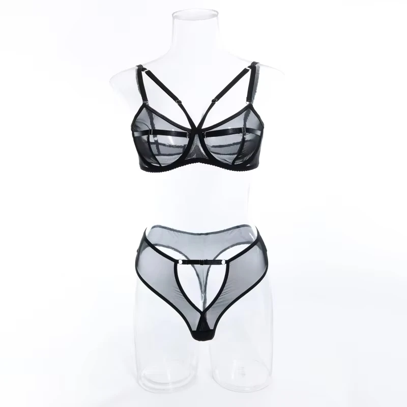 Bikini lingerie ultra-thin mesh two-piece set with hollow-out design, subtly sexy and see-through