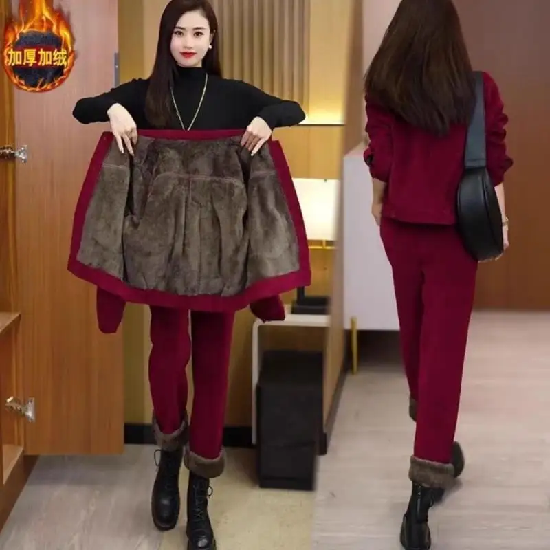 Winter Thick Warm Solid Color Set Women's New Arrival Fashion Lapel Single-breasted Top Slim Pencil Pants Casual Two-piece Set