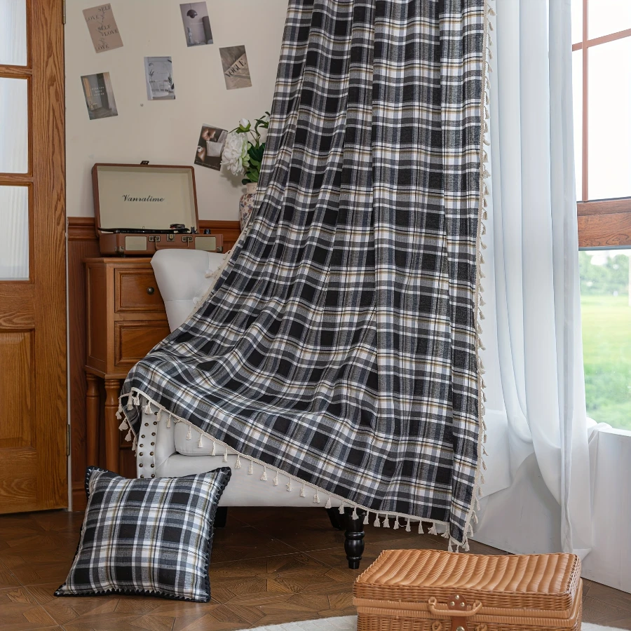1PC Minimalist Tassel Sheer Curtains, Black White Plaid, Digital Print, Linen Polyester, Bedroom Living Room, Home Decor