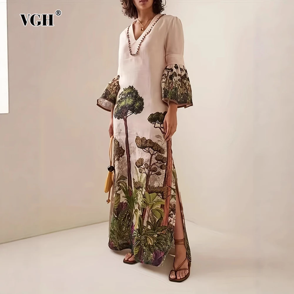 VGH Strand Stil Lose Beiläufige Druck Kleider Für Frauen V Neck Langarm Hohe Taille Sommer Elegante Kleid Weibliche Mode Neue