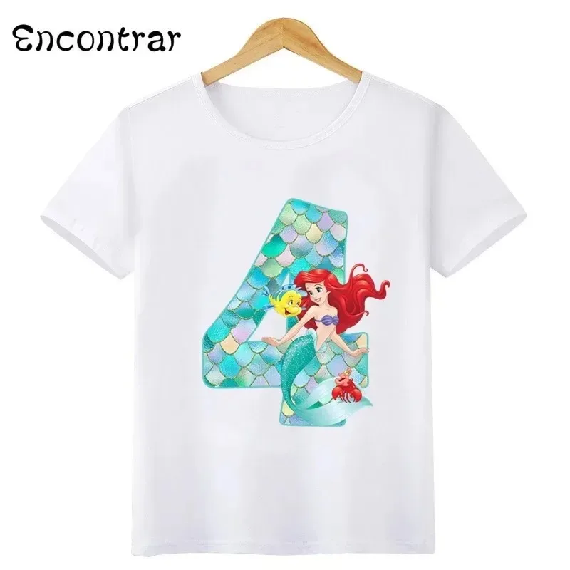 Disney Princess Mermaid Graphic Girls 2024 New Style Summer Clothes Kids T Shirt Y2K Style Birthday Number Bow Baby T-Shirts