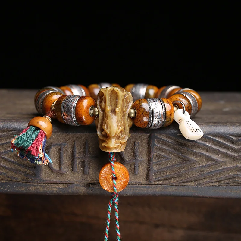 Tibetan-style “Backflow Bone” Amulet, Bead Bracelet, Yak Bone, Three-Way Connector, Purple Gold Rat