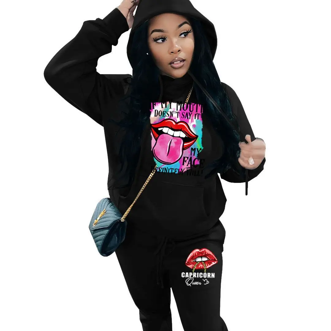 Damski dres jesienny, ciepły komplet: bluza z kapturem, dwuczęściowy, oversize, z nadrukami, casualowy, bluza z kapturem, długie spodnie.