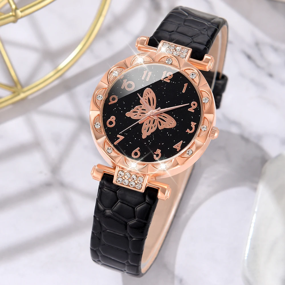 ﻿ 5Pcs Women\'s Quartz Watch Black Butterfly Pattern Leather Quartz Watch and 4 Stylish Casual Bracelet Watch Set