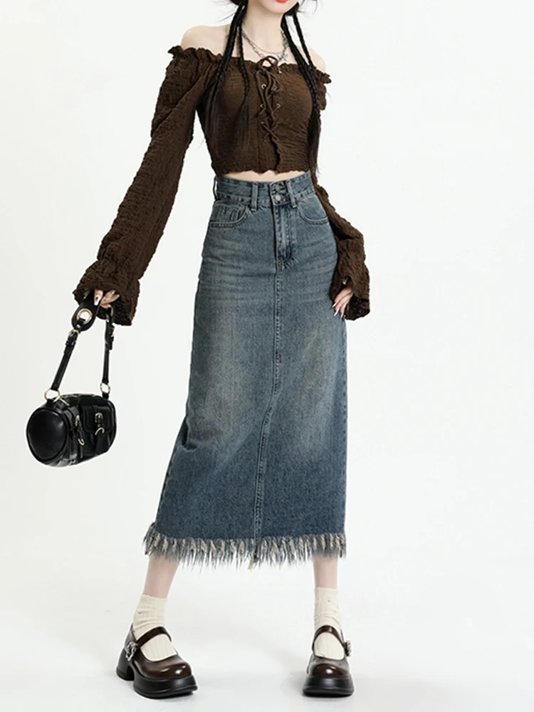 

Vintage Women Tassel Denim Skirts Oversized High Waist Raw Edge Slit A-line Skirts Mid Length Female Jean Skirt S-5xl