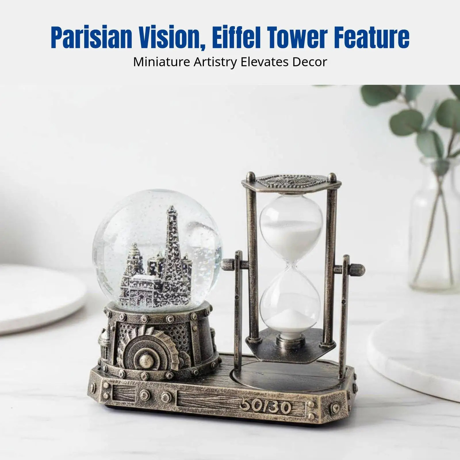 Snow Globe Hourglass Timer with Lighted Music Box Paris Themed Resin Art for Wedding Anniversary Celebration