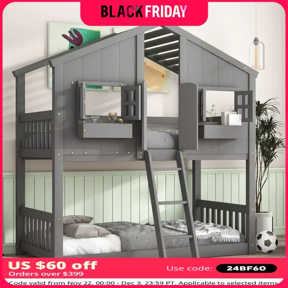 Bunk Bed, Wood Frame with Roof, Window, Window Box, Door, Safety Guardrails and Ladder, for Girls Boys ,Over Twin Kids Bunk Beds