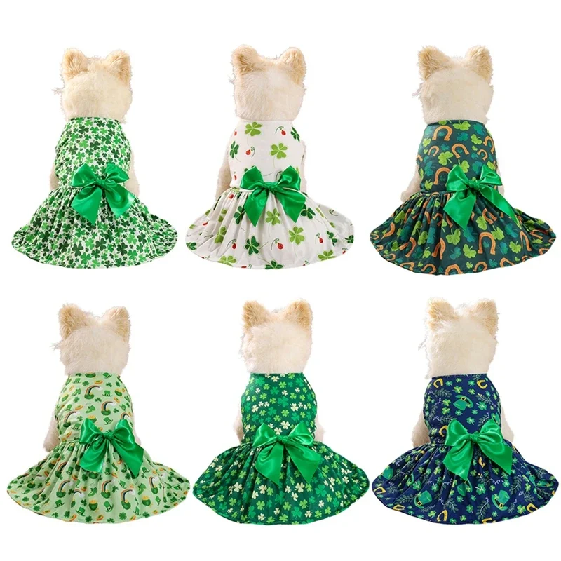 St Patrick Day Pet Clothes Green Clover Puppy Dog Dress Tulle Skirt with Bowtie Lucky Clover Holiday Dresses for Small Dogs Cats