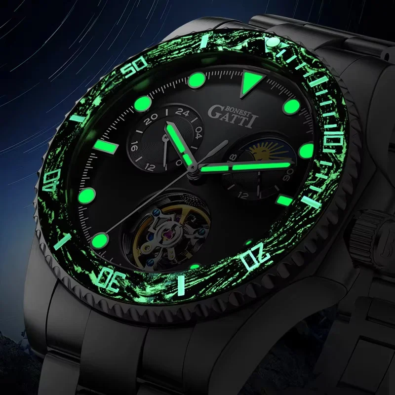 BONEST GATTI Men Automatic Watch 43mm Top Luxury Brand Mechanical Wristwatch 100M Waterproof Sapphire Luminous Tourbillon Watch
