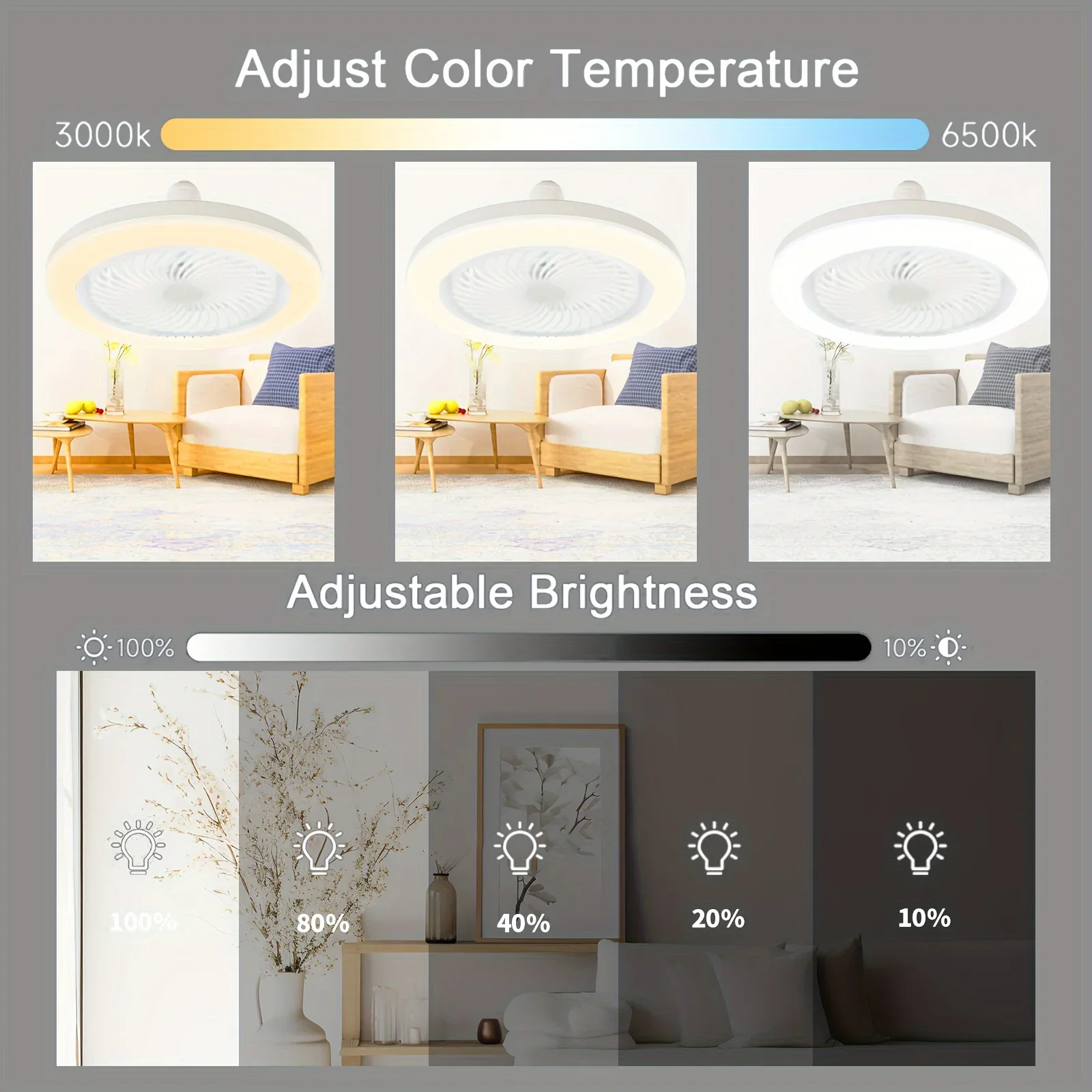 3 가지 풍속 밝기 조절 모던 천장 선풍기, LED 조명, 호텔 침실 및 거실용 지능형 타이밍 리모컨