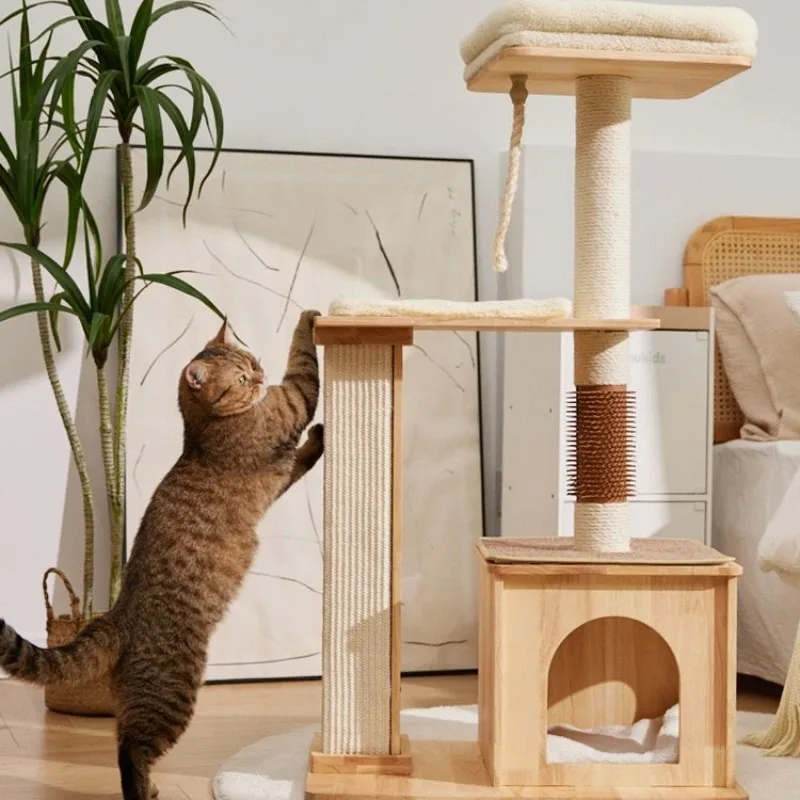 

Wooden Cat Scratcher Tower with Hammock Sleeping Pad for Cats Play Structure Cat Tree Beds & Furniture Training Accessories