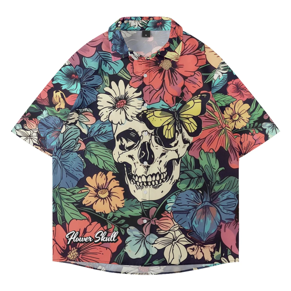 

Summer casual oversized short sleeved, skull print, loose Hawaiian beach trend quick drying comfortable single breasted shirt