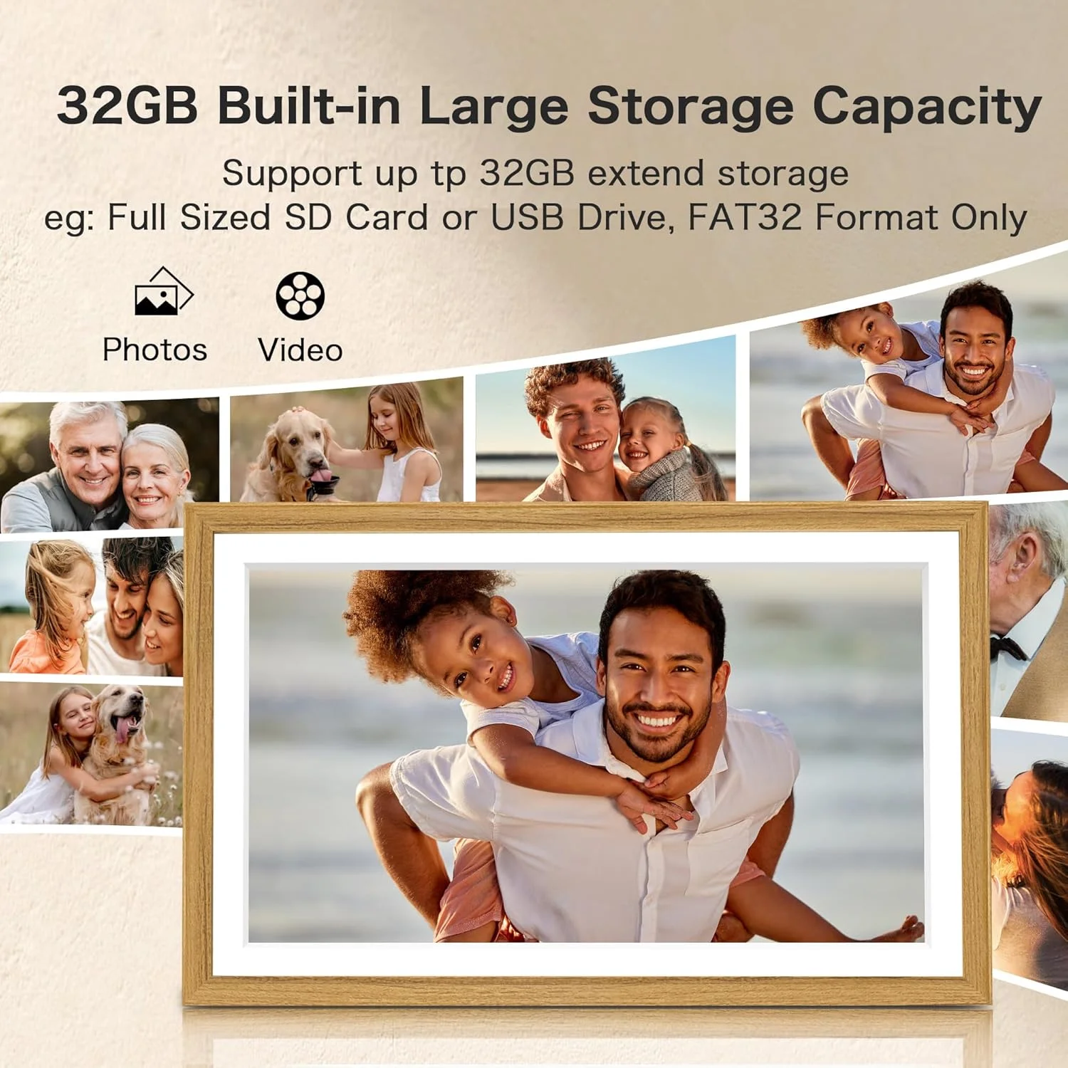Digital Picture Frame, Natural Woodgrain Digital Photo Frame 15.6 Inch, 1920 * 1080 IPS FHD Touchscreen,16GB Memory