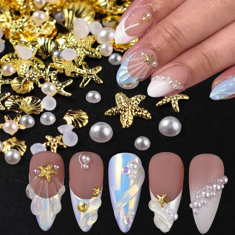 50/200pcs Gold Ocean Rivet Nail Charms Mixed Seahorsea/Starfish /Conch Pearl/shell/ Dream Colors Resin Nail Jewery Decoration