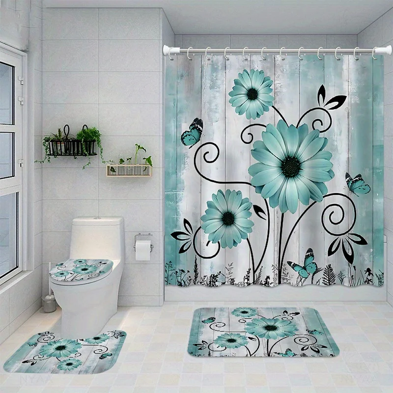 Chic Waterproof Shower Curtain Set with 12 Hooks, Non-Slip Bath Mat, U-Shaped Toilet Rug & Lid Cover - Durable Polyester Fabric,