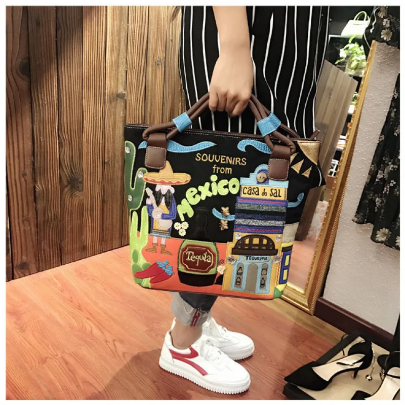 Fashion Women'S Vintage Embroidered Canvas Tote Bag Mexican Ethnic Patchwork Style Crossbody Shoulder 2026 New Souvenir Purse