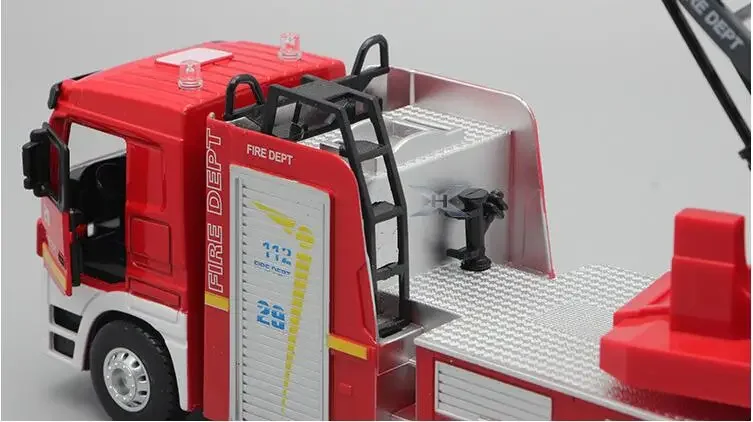 [Funny] 1:32 Lift ladder fire fighting truck toy Firemen open door light and sound alloy car model kids child gift Traffic toy