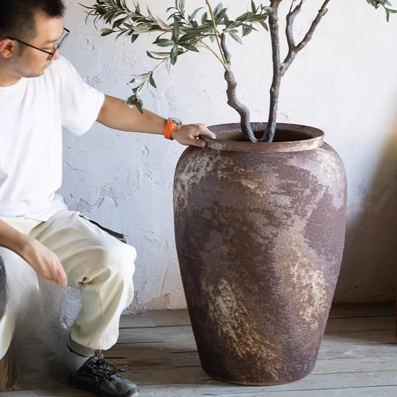 

Coarse pottery large diameter floor-to-ceiling flower pot large vase handmade coarse pottery jar