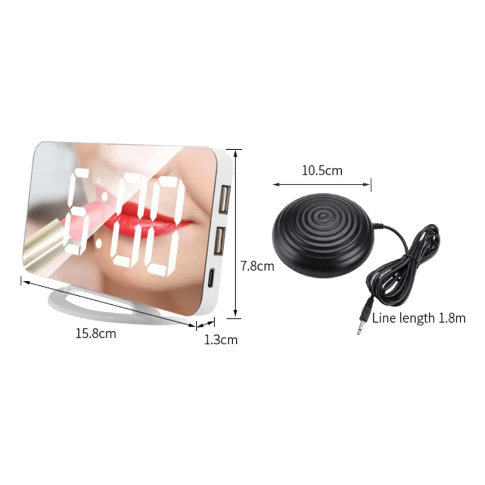 12/24H Loud Vibrating Clock USB Powered Large LED Display Mirror Table Clock for Home Bedside Night Light