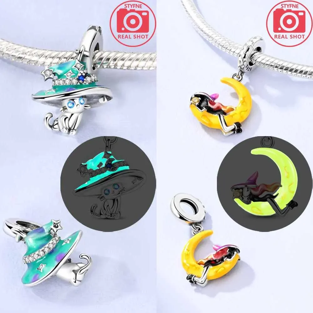 Charms 925 Original Silver Glowing Witch Moon Magic Hat Cat Beads for Bracelet Pendant Diy Lady's Gift Jewelry Bag Charm
