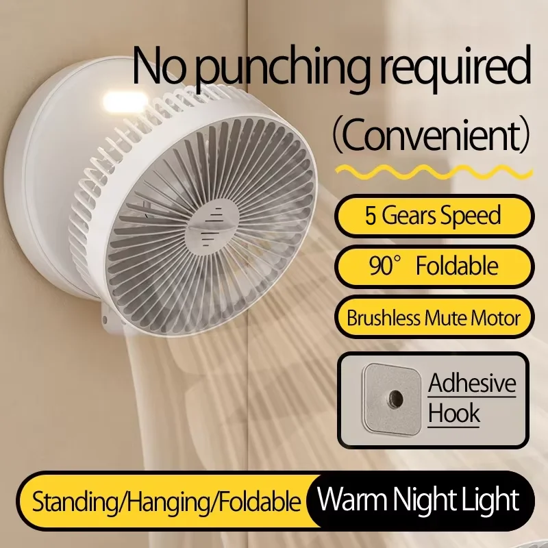 2025 New 5000mAh Rechargeable 3IN1 Multifunctional Portable Fan Wall Mounted Fan 90° Folding Fan 4 Gears With Warm Night Light image 3