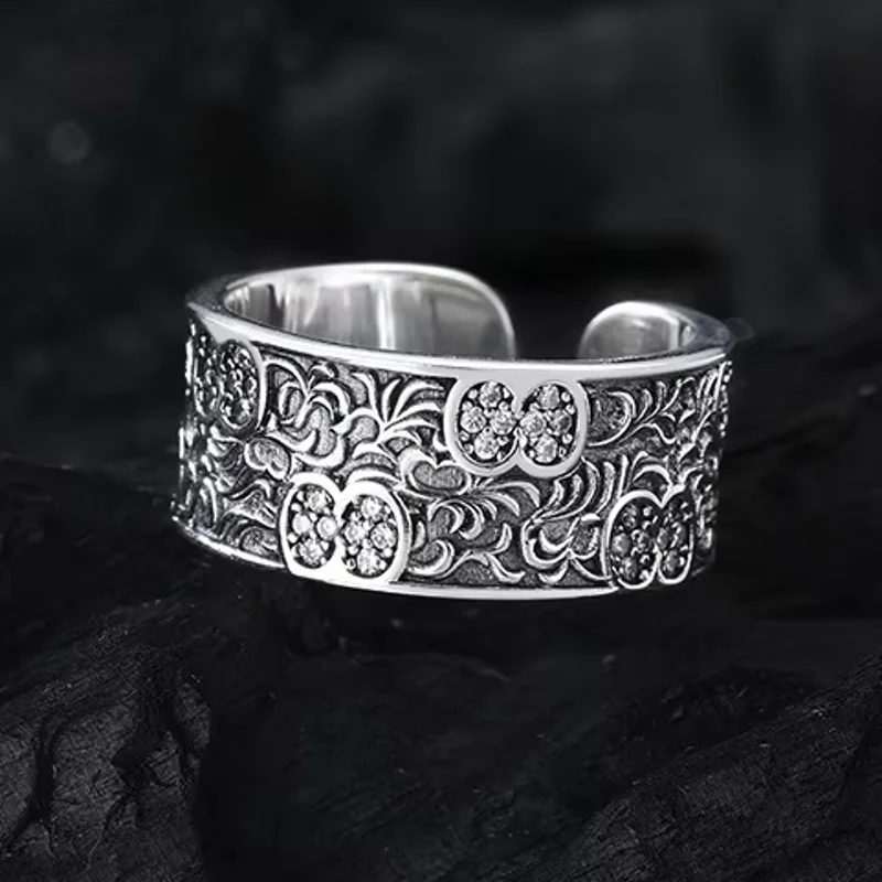 BOCAI S925 Sterling Silver Niche Finger Ring Court Style Plant Pattern Tang Grass Micro-inlay Heavy Industry Women's Ring Fine