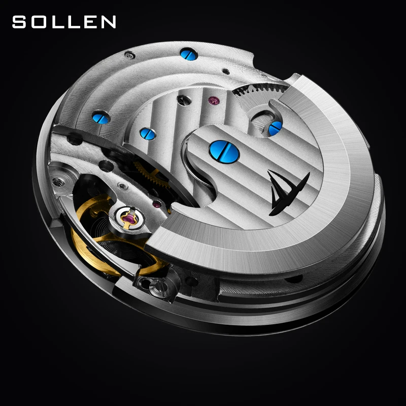 Luxury Brand SOLLEN Automatic Mechanical Sapphire Men's Watches Luminous Waterproof Moon Phase Dual Skeleton Steel Clock SL329-1