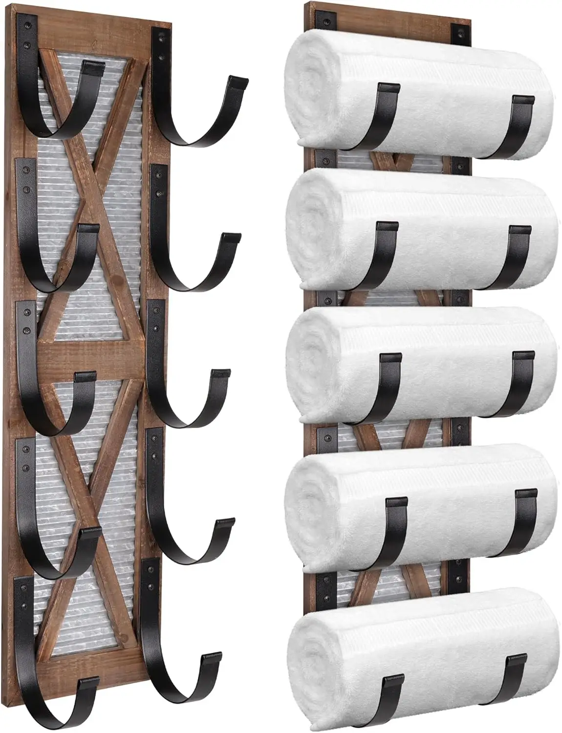 

Farmhouse Towel Holder with Wine Rack, Wall Mounted Rustic Bathroom Towel Rack for 5 Rolled Towels or Bottles