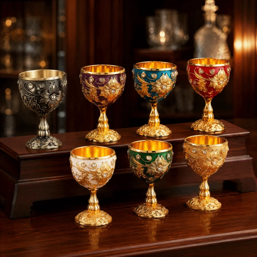Flower Embossed Metal Chalice Goblet Rhinestone European Style Vintage Wine Cup Decorative Medieval Vodka Champagne Liqueur Cup