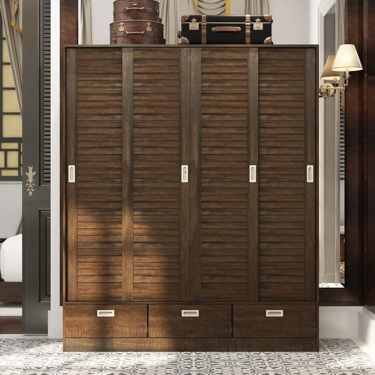 Aiegle 4 Sliding Doors Wardrobe Armoire With 3 Drawers, 59.1