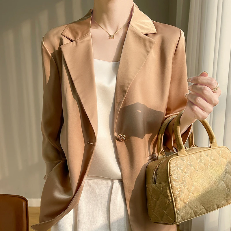 

Acetate Suit Jacket Women Blazers High-end Casual Three-quarter Sleeve Outerwear Short Style Metal Button Coats Office Ladies