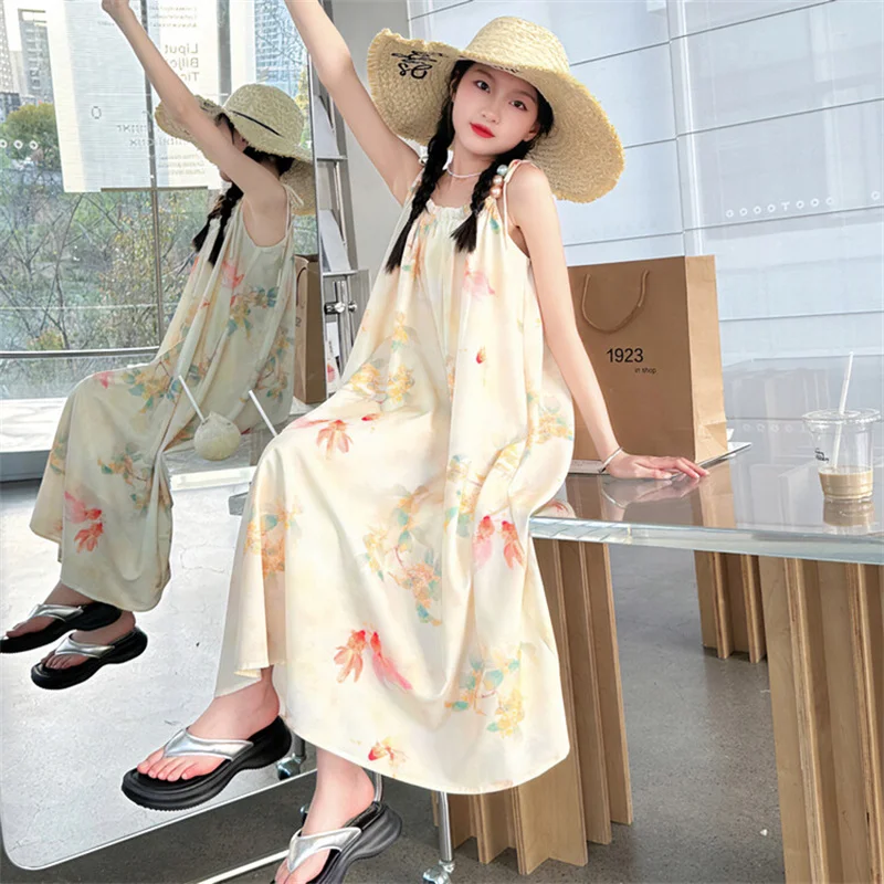 

Girls Summer Dress 2024 New Zhongda Kids Korean version Kids Strap beach dress exclusive style 6-12 year old tide