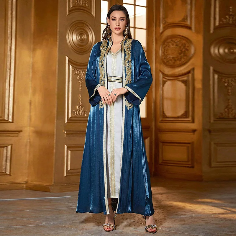 Middle East autumn and winter two-piece dress Amazon Arab ethnic style applique cardigan robe, new high-end classic luxury dance